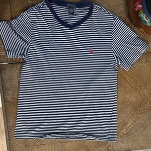 Polo by Ralph Lauren Navy and White Striped V-Neck Tee with Red Pony